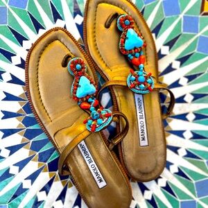 MANOLO BLAHNIK Bronze Leather Jeweled Flats